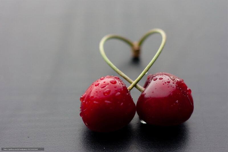 Two Cherries in Heart Shape — Red, Calm, Photograph, Stems, Drops