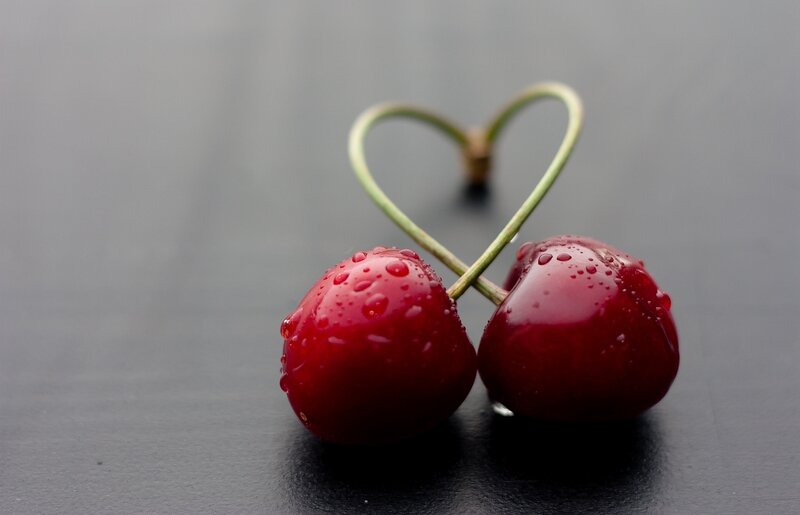 Two Cherries in Heart Shape — Red, Calm, Photograph, Stems
