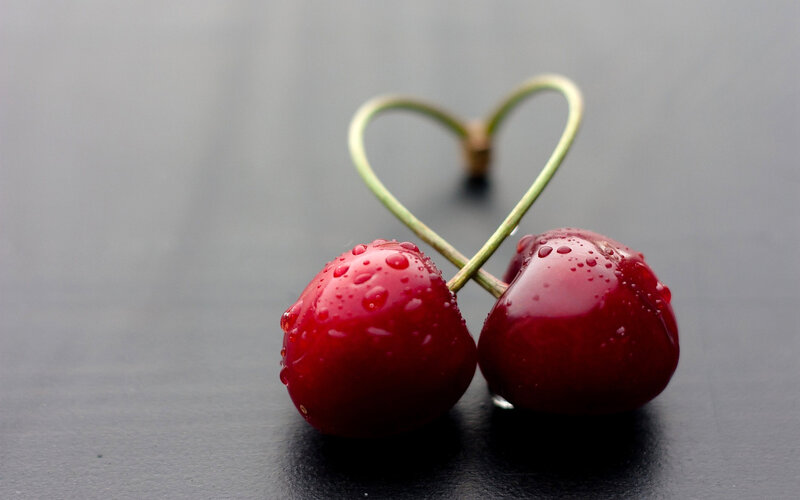Two Cherries in Heart Shape — Red, Calm, Photograph