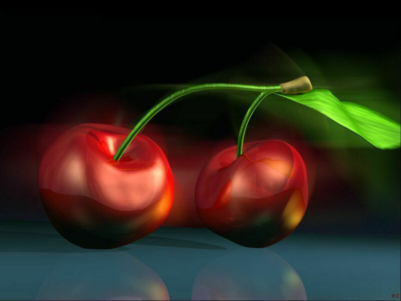 Two cherries on a reflective surface