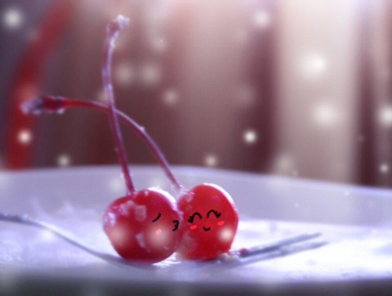 Two Cherries on Plate