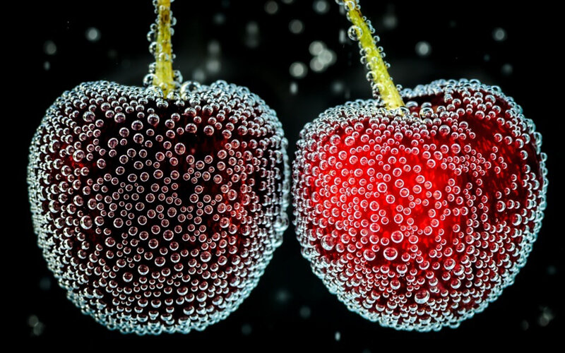 Two Cherries Underwater — Red, Dramatic