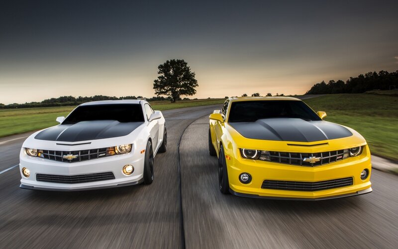 Two Chevrolet Camaro Cars — Yellow, Dynamic