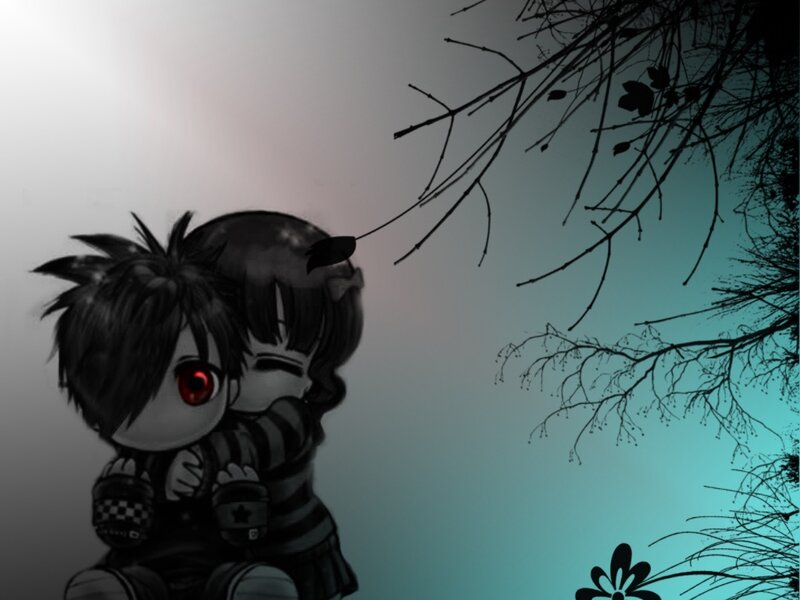 Two Chibi Characters Hugging — Black, Melancholic