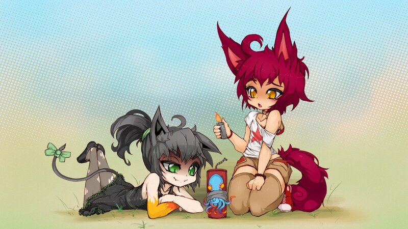 Two Chibi Characters — Red, Playful, Afternoon