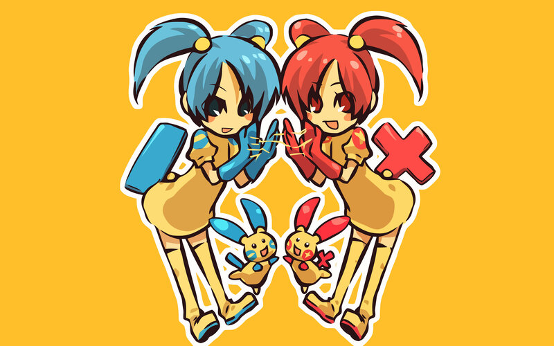 two chibi characters with pokémon