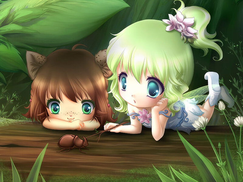 Two Chibi Girls in Forest