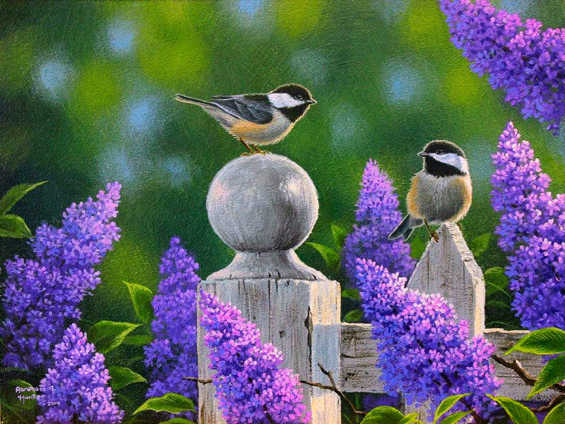 Two Chickadee Birds — Purple