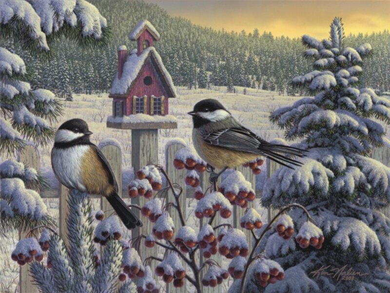 Two Chickadees on Berries