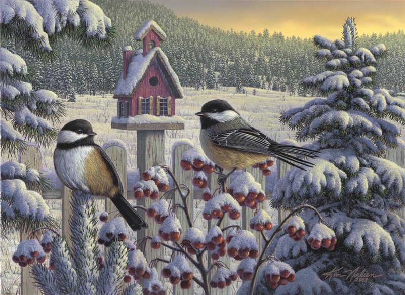Two Chickadees on Berries — White