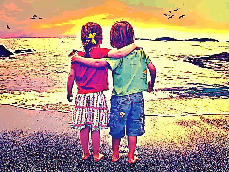 Two Children at Beach — Yellow