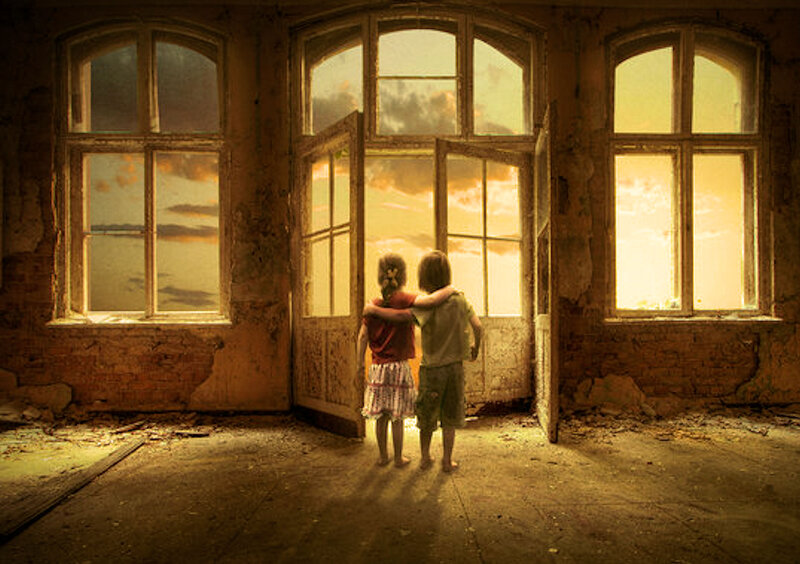 Two Children at Doorway — Yellow
