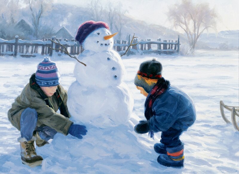 Two Children Building Snowman