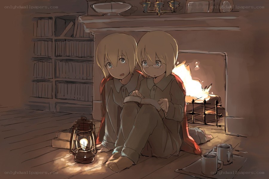 Two children by the fireplace