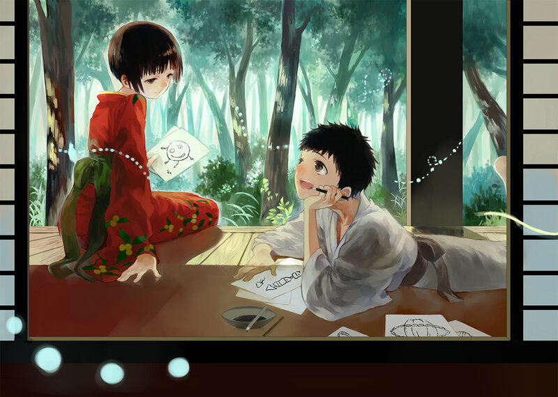 Two Children Drawing — Green