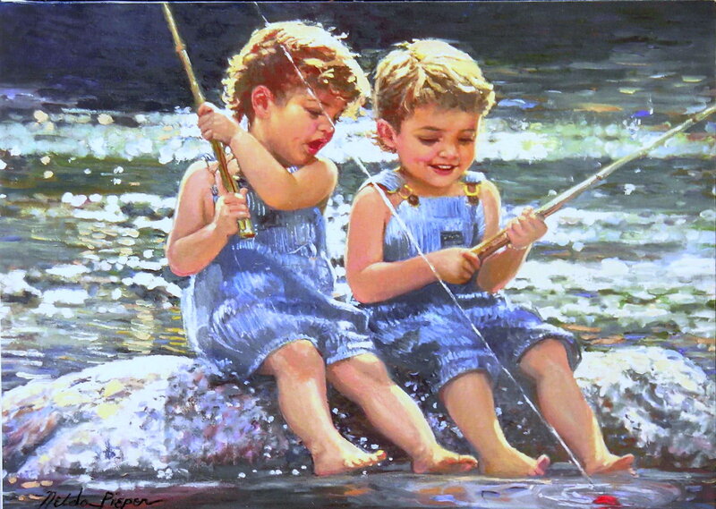 Two Children Fishing — Blue