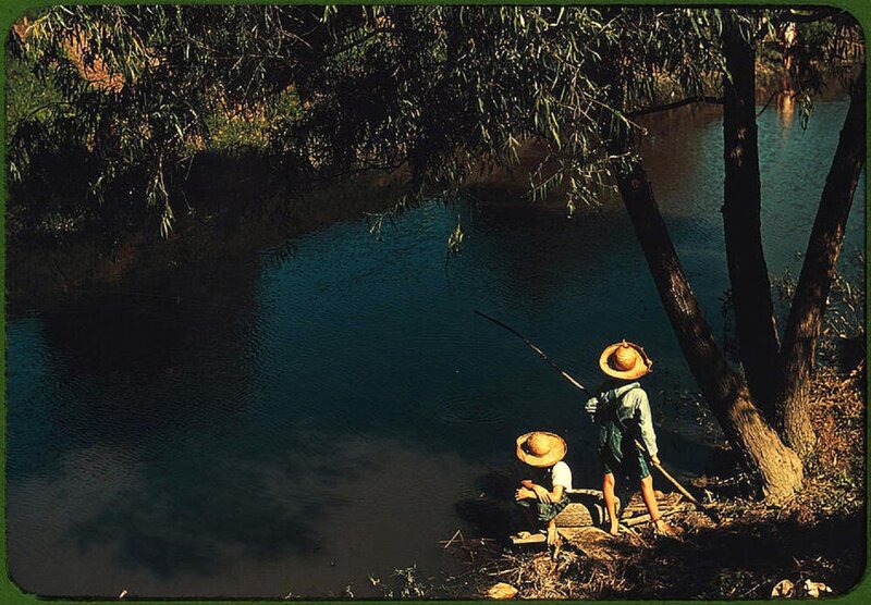 Two Children Fishing — Green, Serene