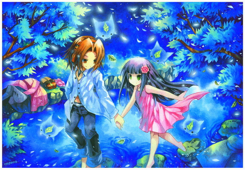 Two Children Holding Hands — Blue, Serene