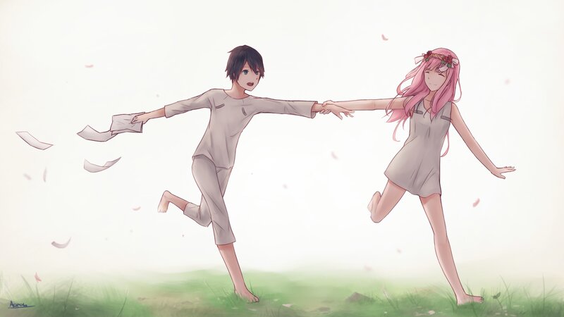 Two Children Holding Hands — Green, Playful