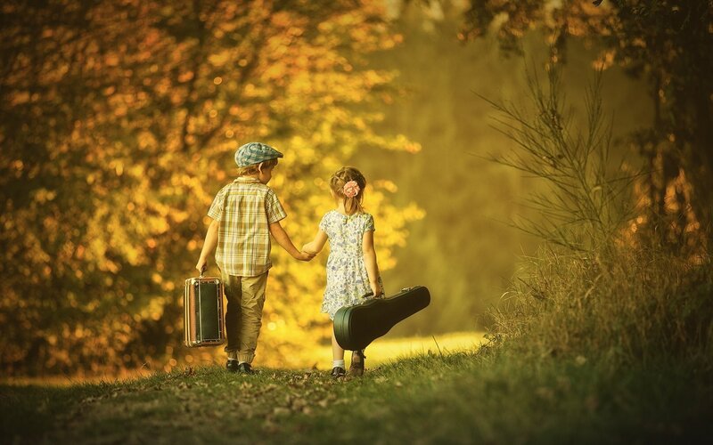 Two Children Holding Hands — Green, Serene, Autumn