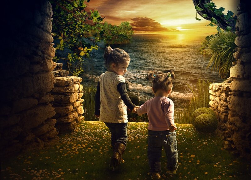 Two Children Holding Hands — Green, Serene, Sunset