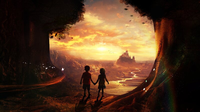 Two Children Holding Hands — Orange, Dramatic, Sunset, Digital Art