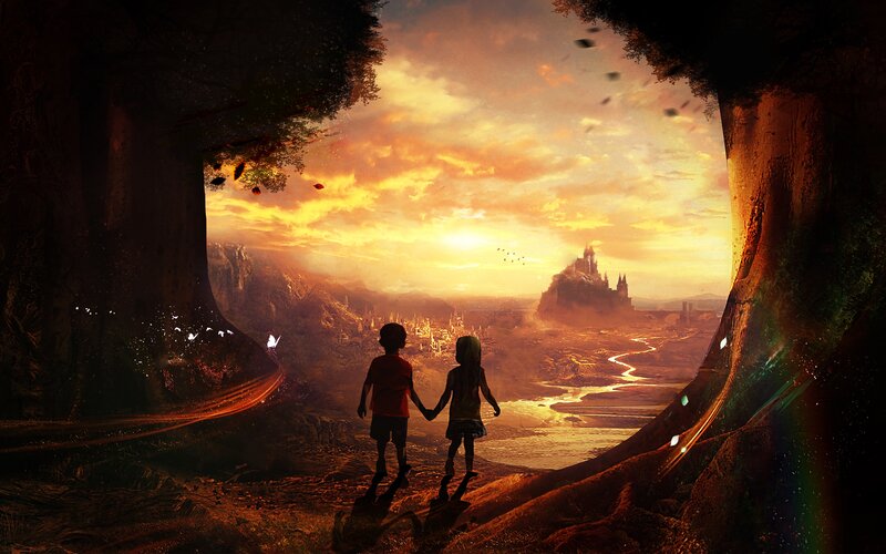 Two Children Holding Hands — Orange, Dramatic, Sunset