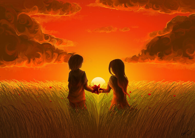 Two Children Holding Hands — Orange, Serene