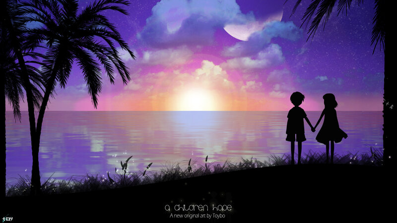 Two Children Holding Hands — Purple, Serene