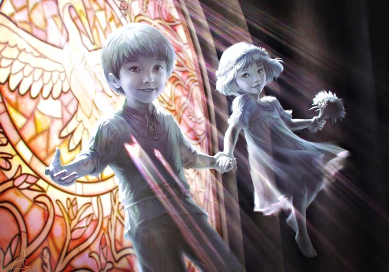 Two Children Holding Hands — White, Serene, Digital Art