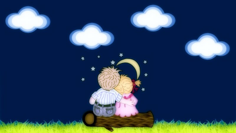 Two Children Hugging — Blue, Serene, Night
