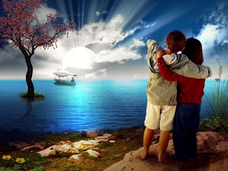 Two Children Hugging — Blue