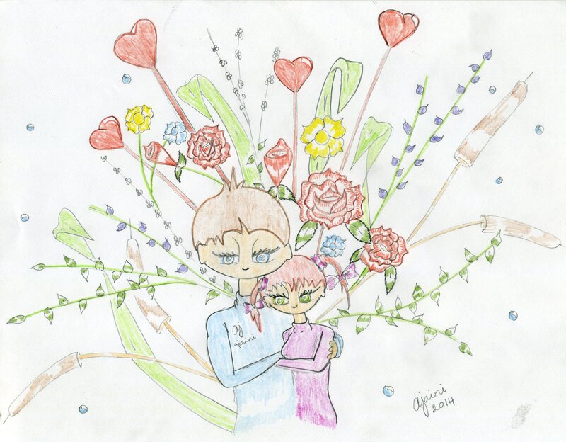 Two Children Hugging — Blue, Whimsical