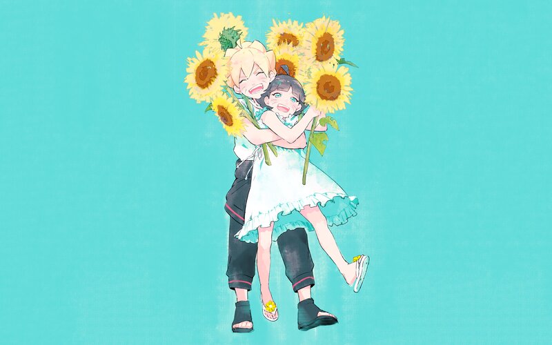 Two Children Hugging — Cyan