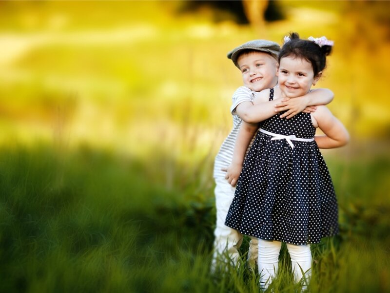 Two Children Hugging — Green, Happy, Afternoon