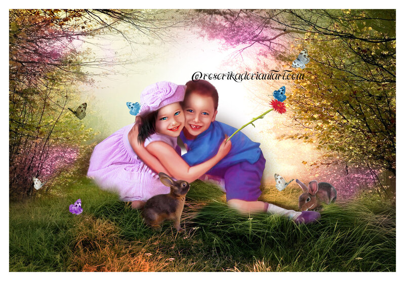 Two Children Hugging — Green, Serene