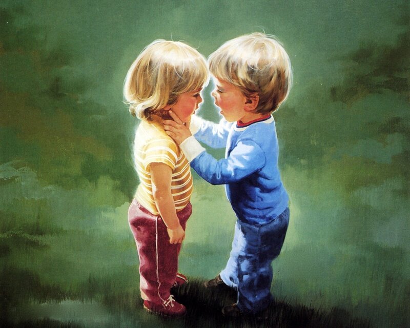 Two Children Hugging — Green, Tender, Afternoon