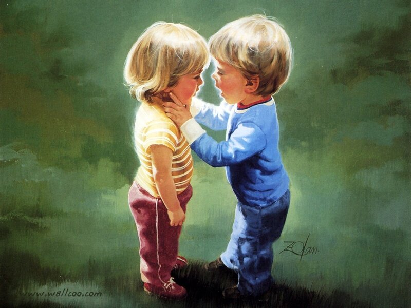 Two Children Hugging — Green, Tender