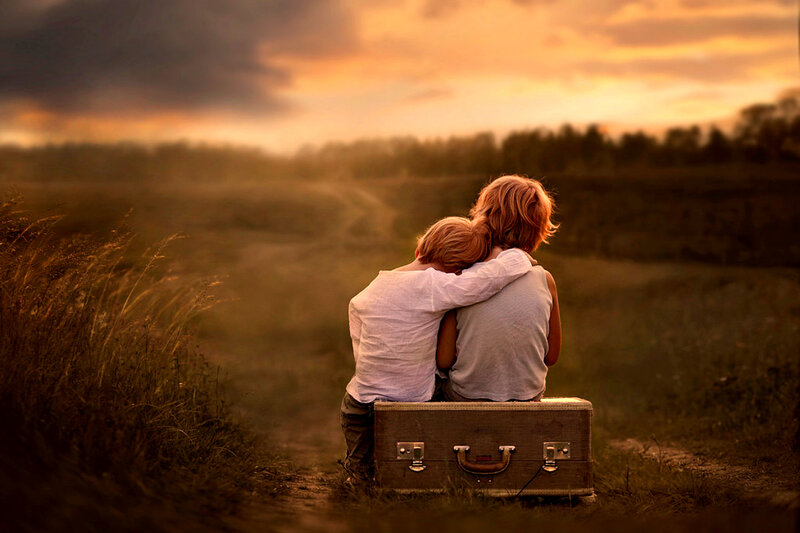 Two Children Hugging — Orange, Serene