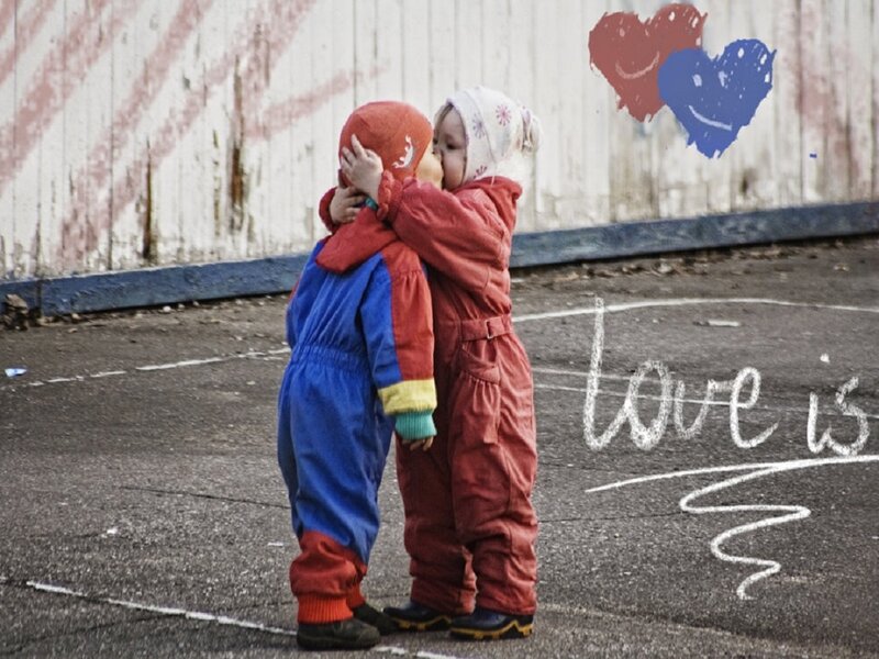Two Children Hugging — Red, Affectionate