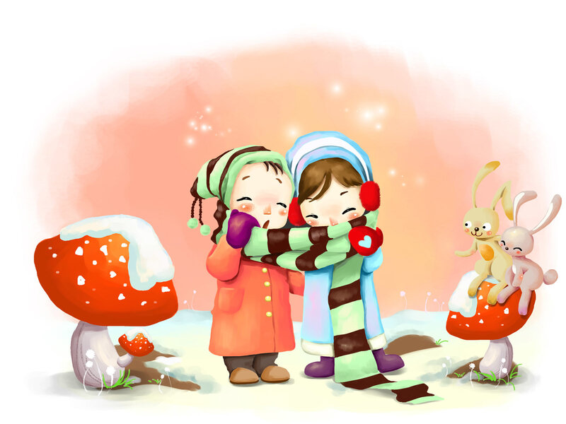 Two Children Hugging — Red