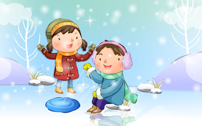 Two Children Ice Fishing
