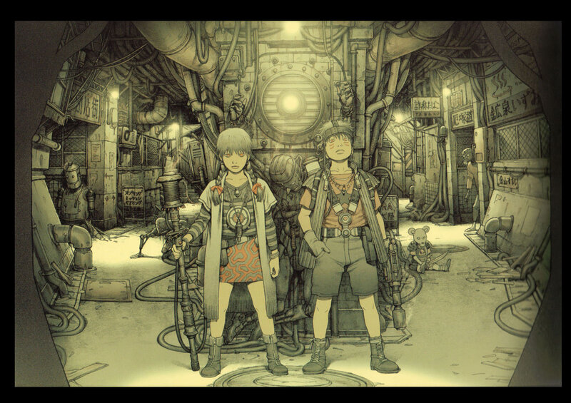 Two children in a steampunk alley