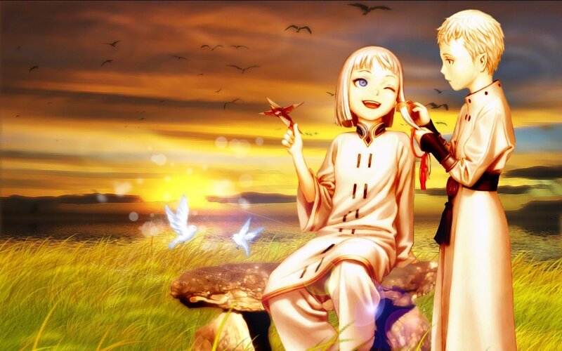 Two children in a sunset field