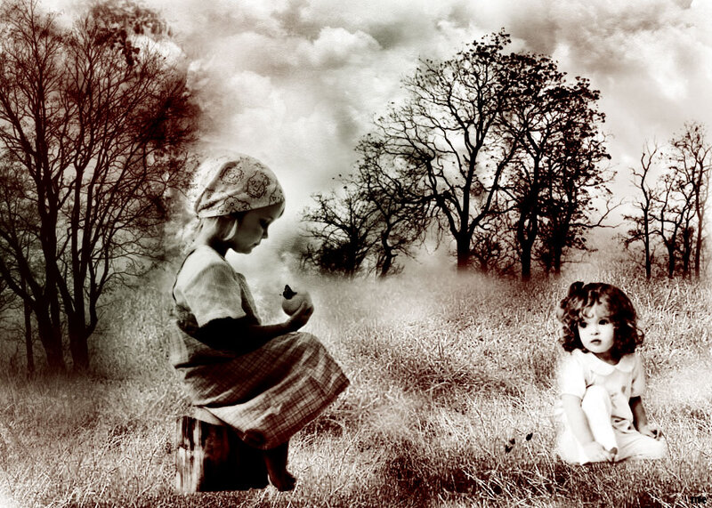 Two Children in Field — Brown, Melancholic