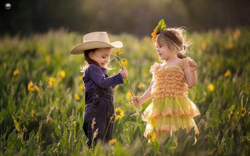 Two Children in Field — Green, Peaceful, Afternoon