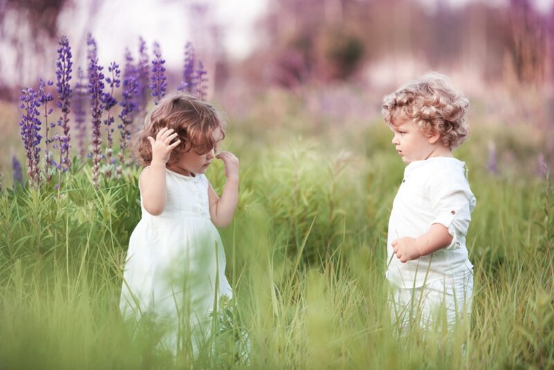 Two Children in Field — Green, Serene, Afternoon, Photograph