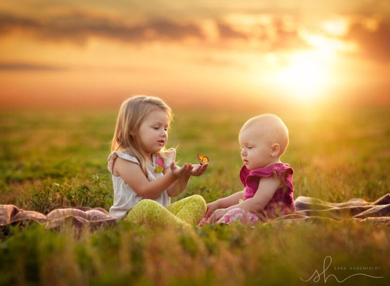 Two Children in Field — Green, Serene, Sunset