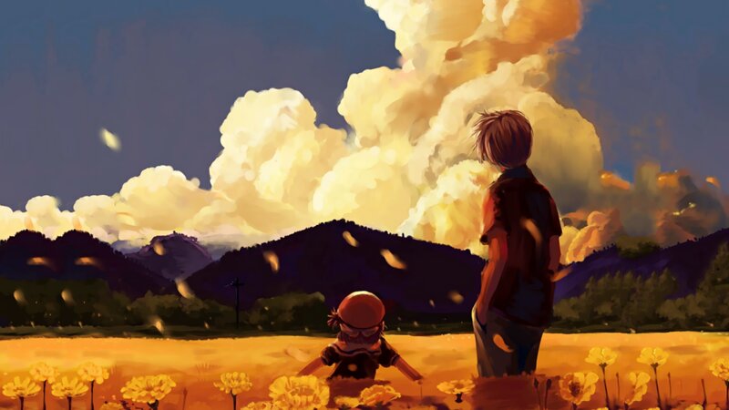 Two Children in Field — Yellow, Dramatic, Sunset, Digital Art, Flowers