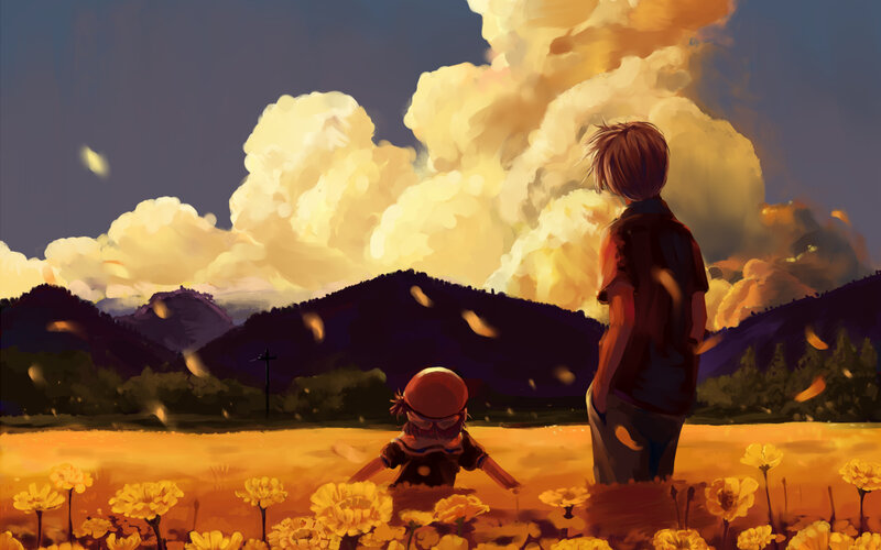 Two Children in Field — Yellow, Dramatic, Sunset, Digital Art